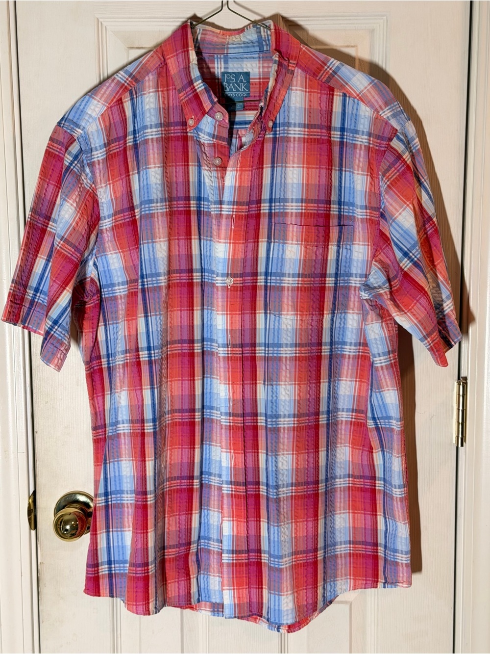 Jos. A. Bank Red and Light Blue Plaid Short-Sleeve Button-Down Shirt